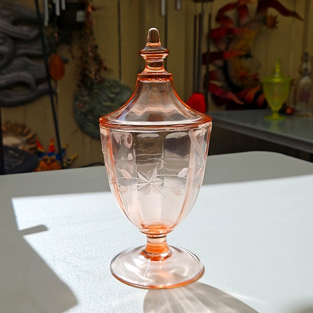 Vintage Etched Pink Depression  Glass Covered Candy Dish Apocrathy Jar
